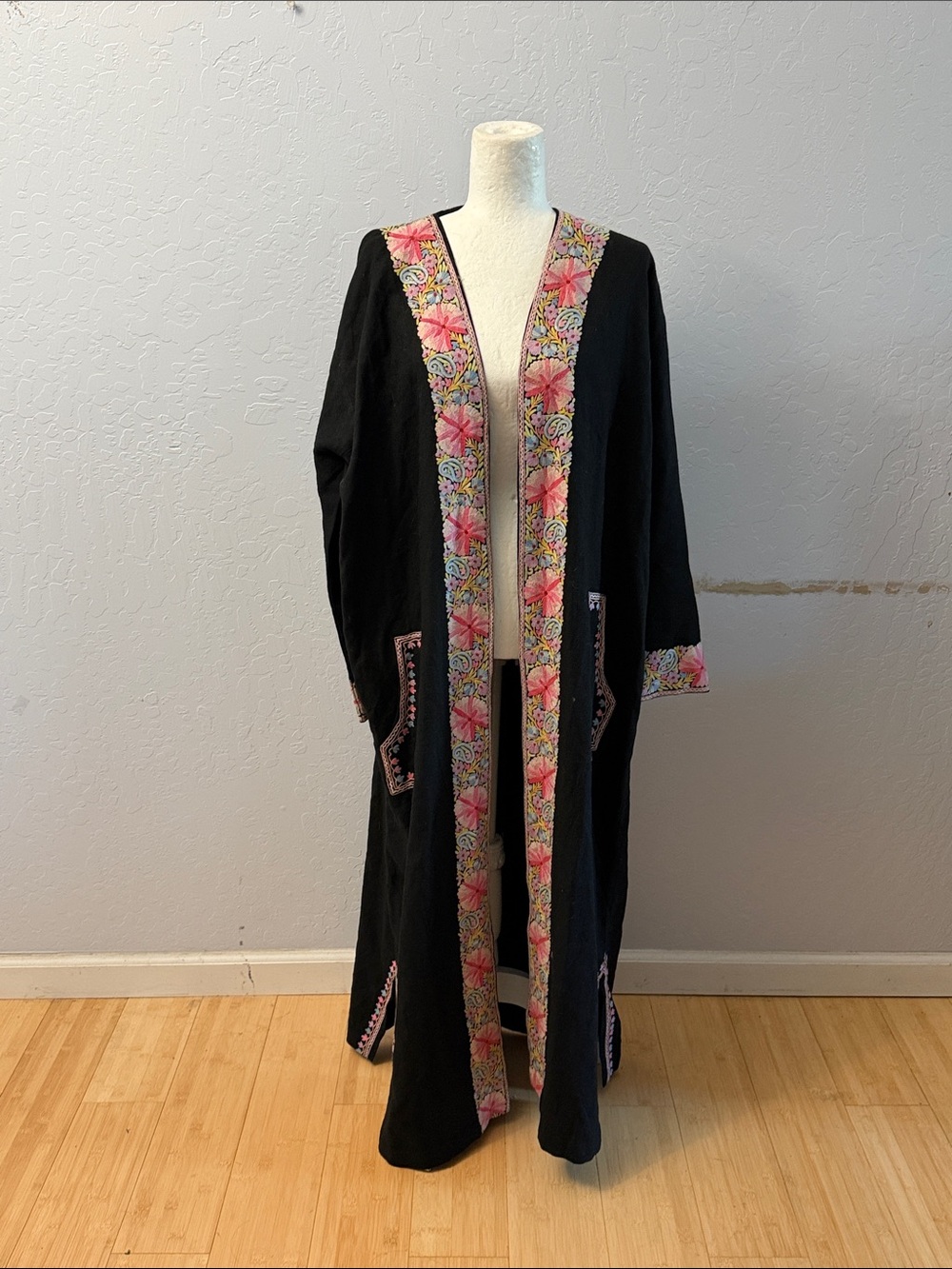 Black Embroidered Long Robe with Pink Floral Trim